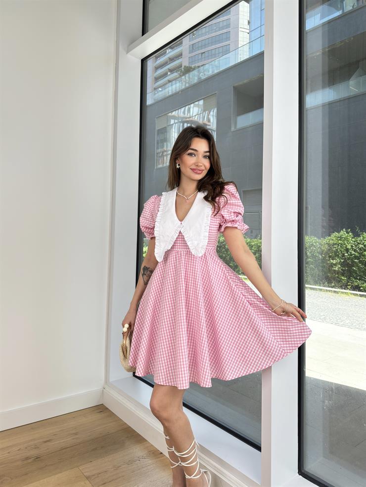 Önlük Yaka Balon Kol Leden Kadın Pembe Mini Elbise 24Y521