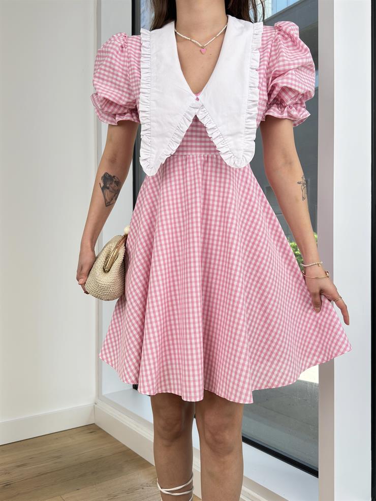 Önlük Yaka Balon Kol Leden Kadın Pembe Mini Elbise 24Y521