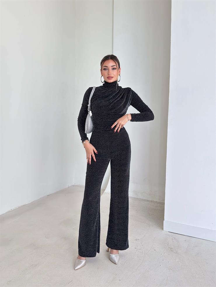 Parlak Boğazlı Drape Detaylı Ledila Siyah Kadın Bluz 26K150