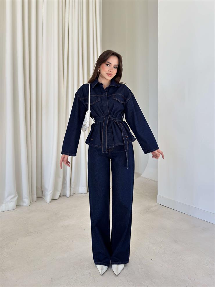 Kuşaklı Cep Detaylı Ledira Lacivert Kadın Kot İkili Takım 26K290