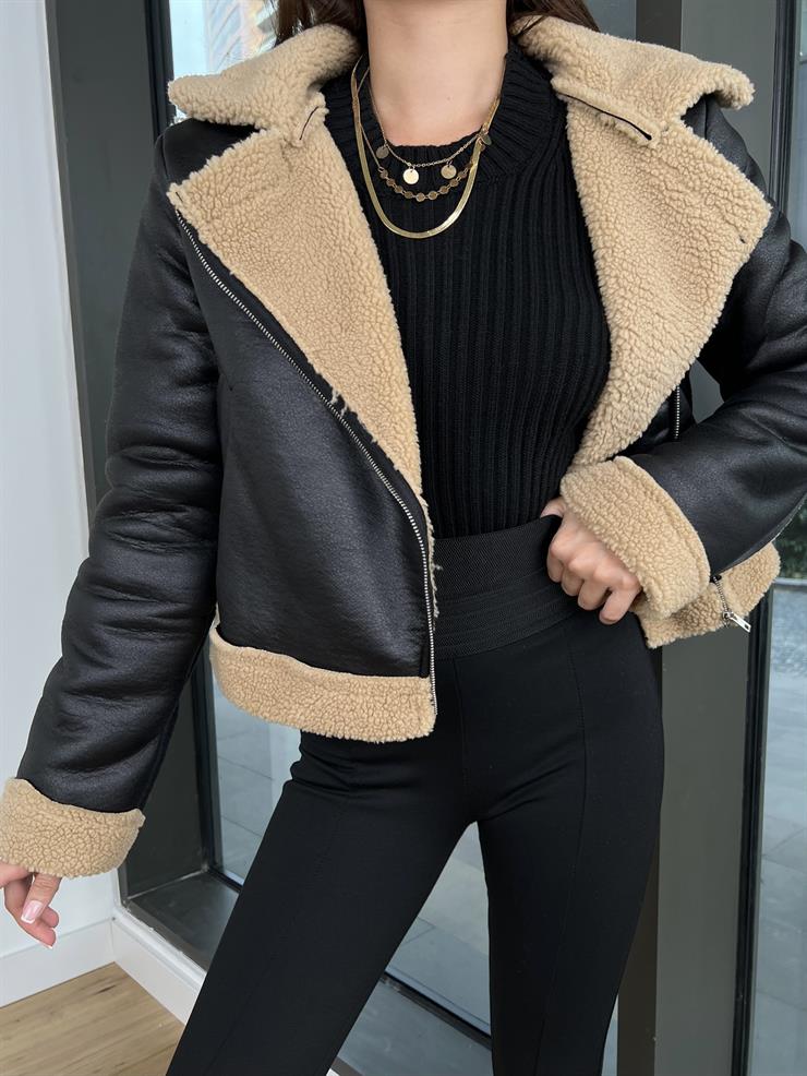 İçi Vegan Kürklü Leila Kadın Siyah Crop Mont 24k000152