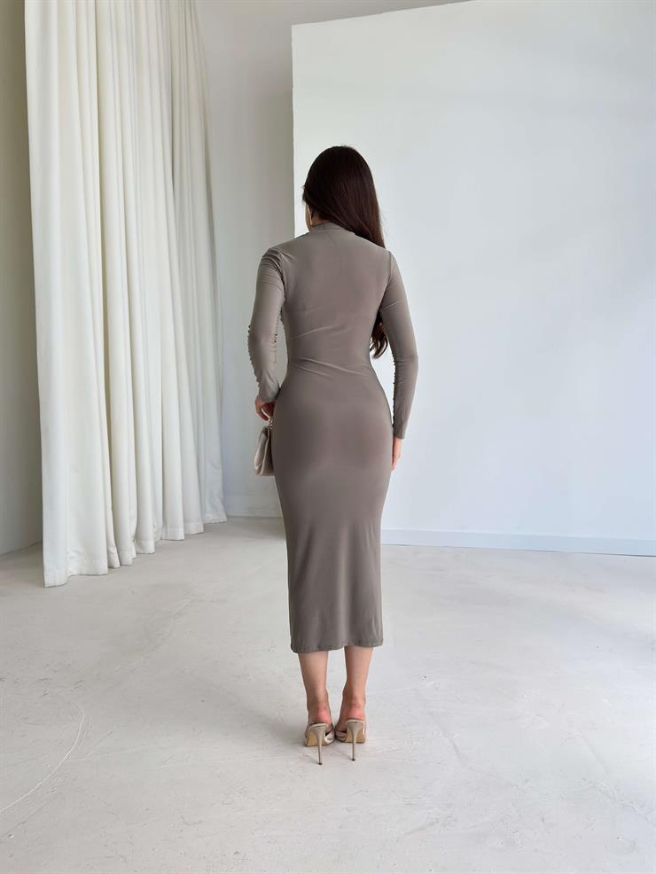 Drape Detaylı Tül Şeritli Midi Boy Lelia Haki Kadın Elbise 26K017