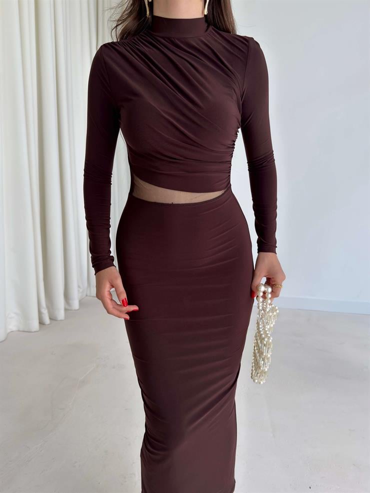 Drape Detaylı Tül Şeritli Midi Boy Lelia Kahve Kadın Elbise 26K017