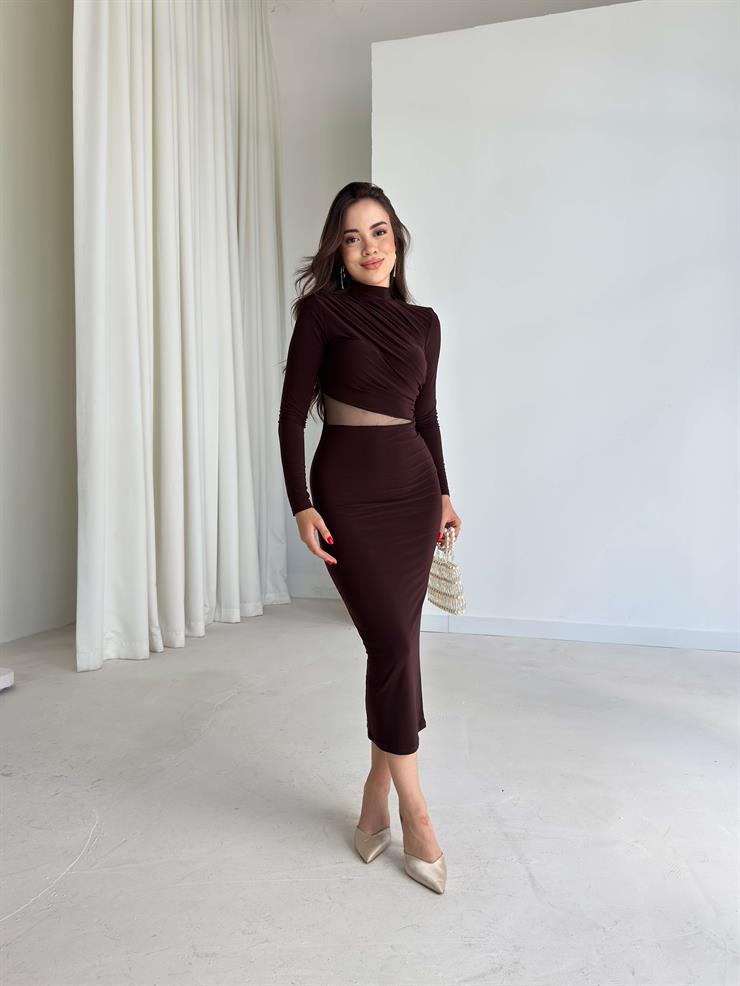 Drape Detaylı Tül Şeritli Midi Boy Lelia Kahve Kadın Elbise 26K017