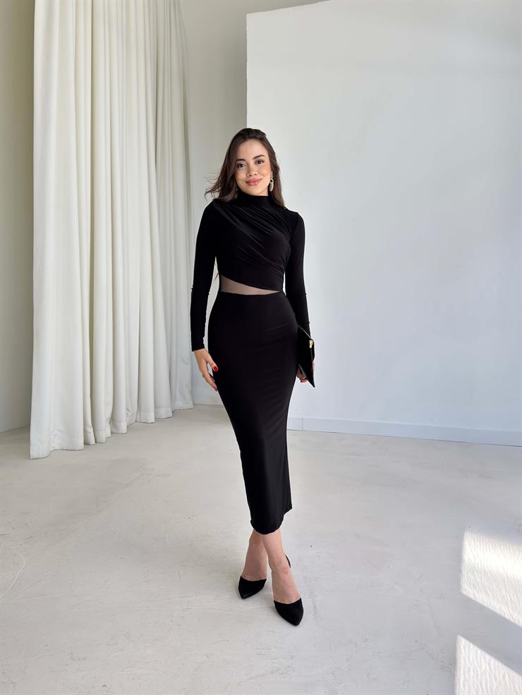Drape Detaylı Tül Şeritli Midi Boy Lelia Siyah Kadın Elbise 26K017