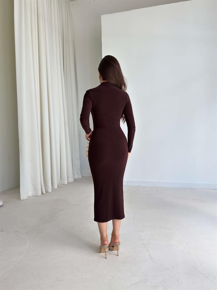 Drape Detaylı Tül Şeritli Midi Boy Lelia Kahve Kadın Elbise 26K017