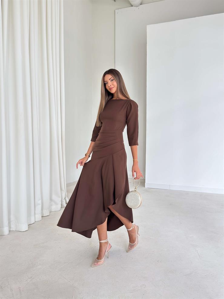 Ön Beden Drapeli Pileli Lemda Kahve Kadın Elbise 26K033