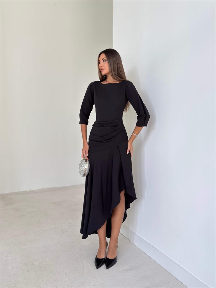 Ön Beden Drapeli Pileli Lemda Siyah Kadın Elbise 26K033