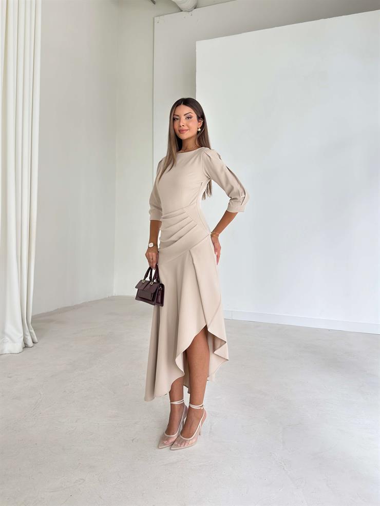 Ön Beden Drapeli Pileli Lemda Bej Kadın Elbise 26K033