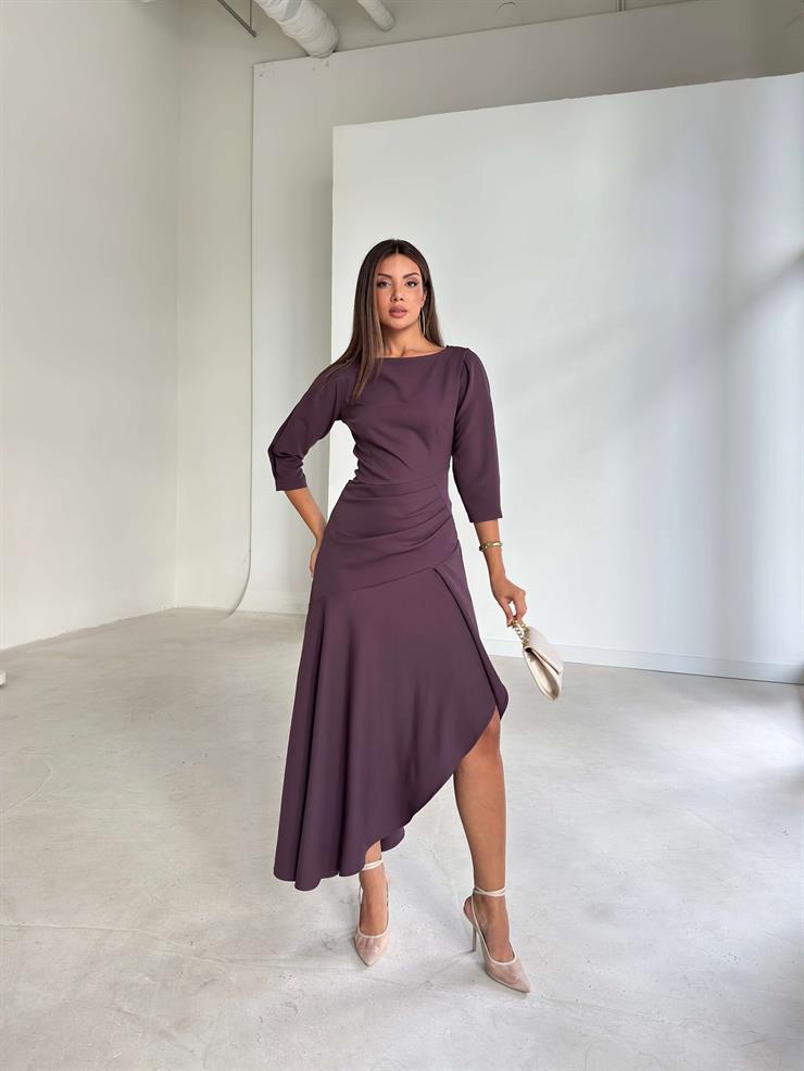 Ön Beden Drapeli Pileli Lemda Mor Kadın Elbise 26K033