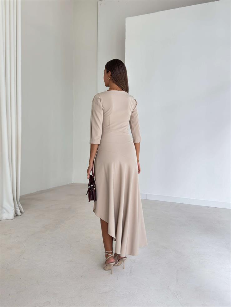 Ön Beden Drapeli Pileli Lemda Bej Kadın Elbise 26K033
