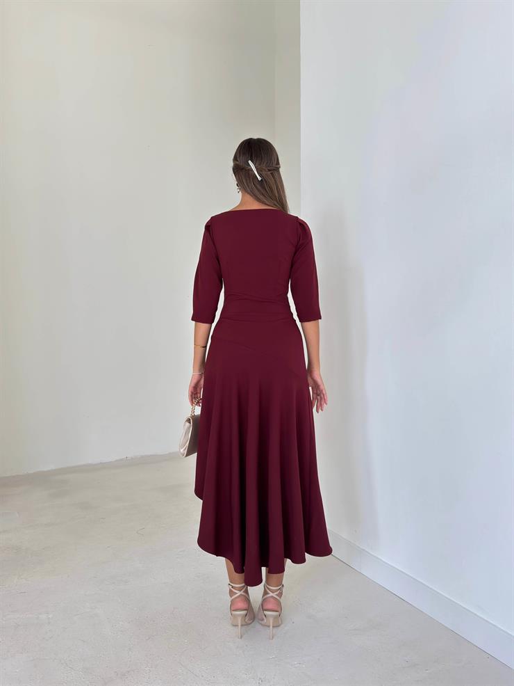Ön Beden Drapeli Pileli Lemda Bordo Kadın Elbise 26K033
