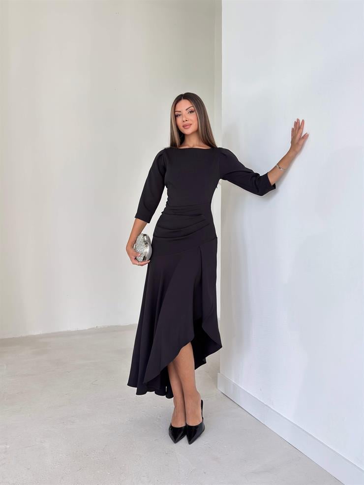 Ön Beden Drapeli Pileli Lemda Siyah Kadın Elbise 26K033