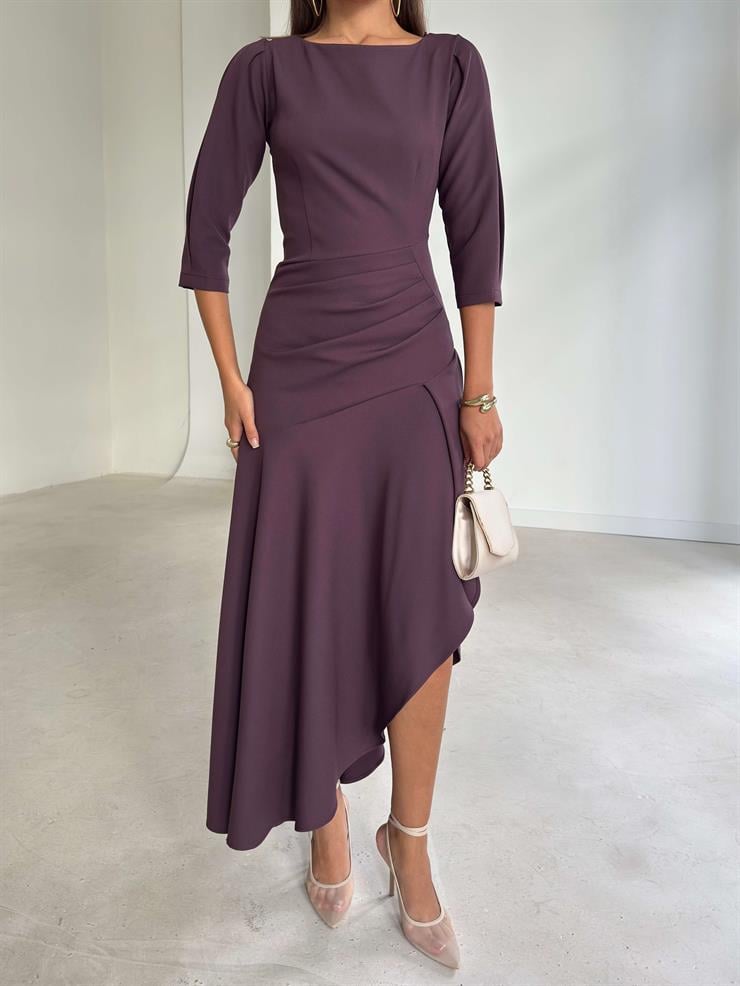 Ön Beden Drapeli Pileli Lemda Mor Kadın Elbise 26K033