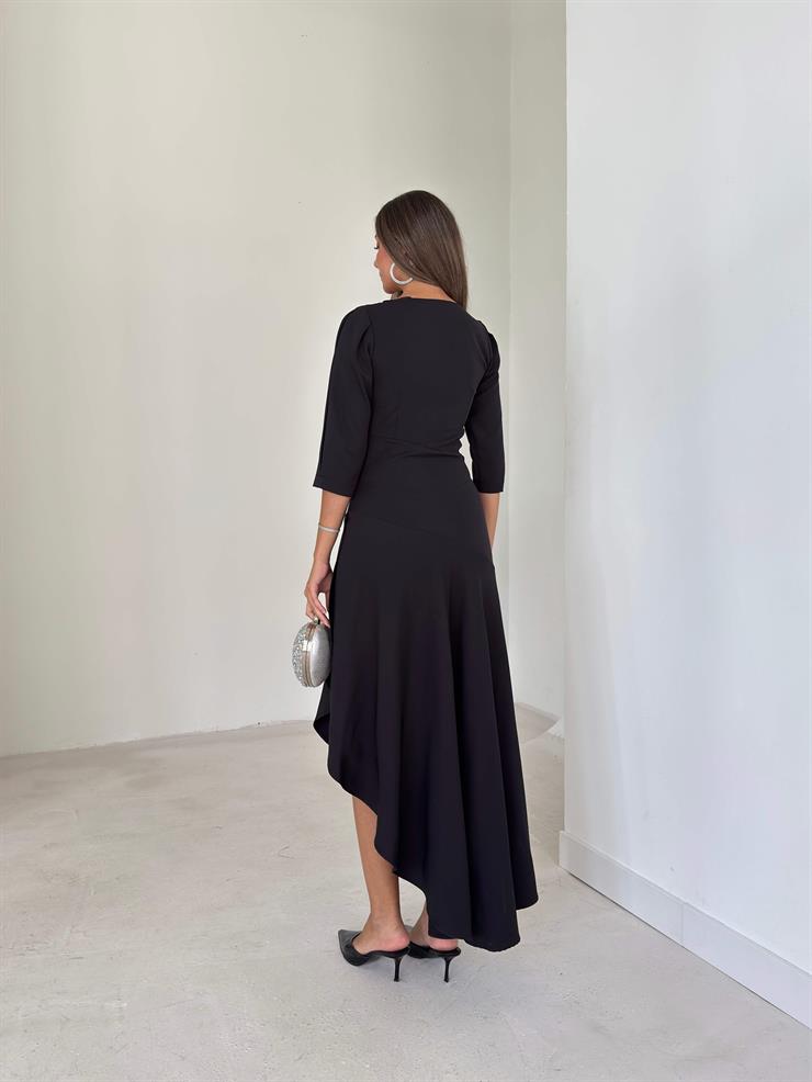 Ön Beden Drapeli Pileli Lemda Siyah Kadın Elbise 26K033