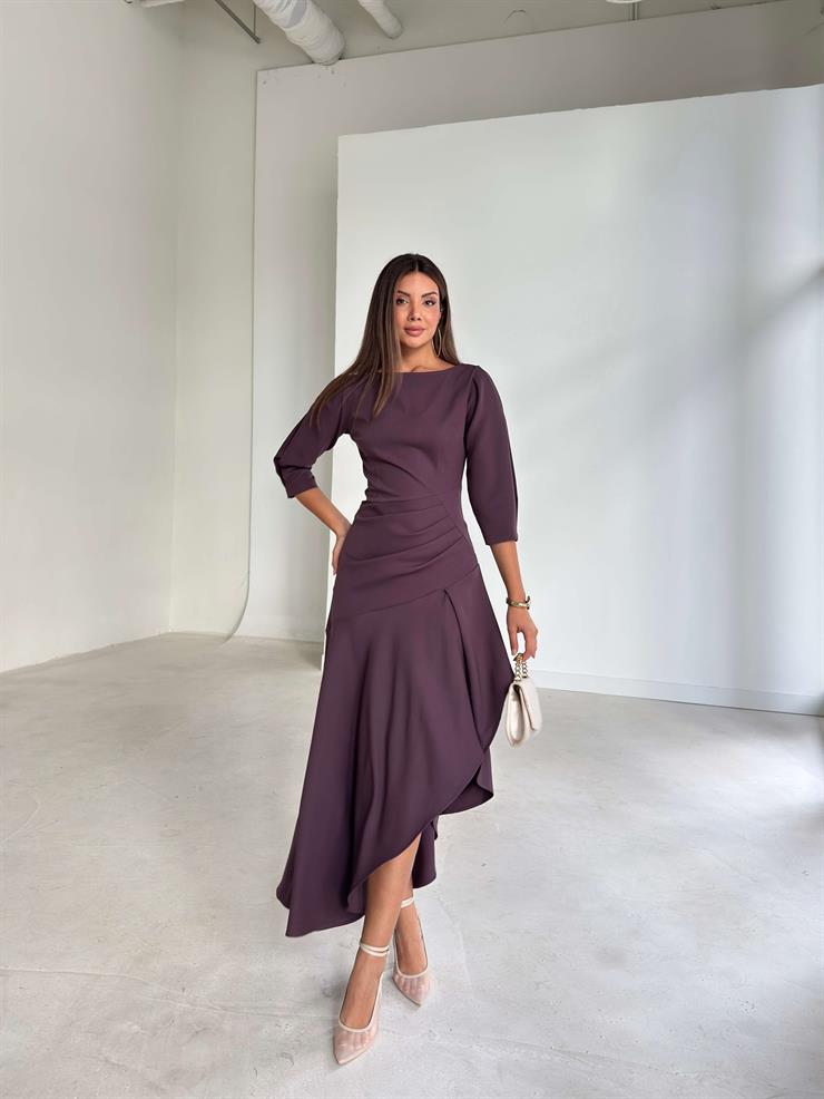 Ön Beden Drapeli Pileli Lemda Mor Kadın Elbise 26K033