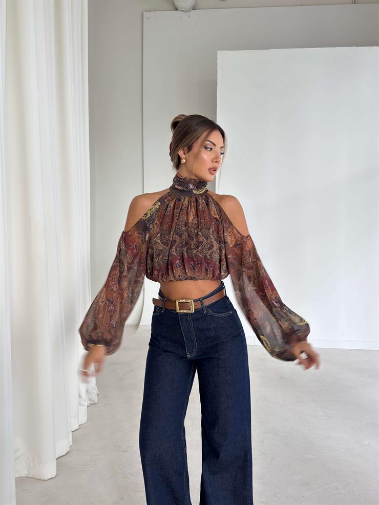 Açık Omuz Detaylı Yüksek Yaka Lendan Kahve Kadın bluz 26K026