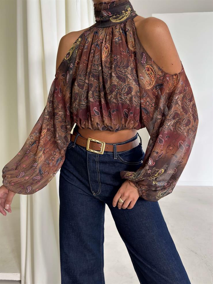 Açık Omuz Detaylı Yüksek Yaka Lendan Kahve Kadın bluz 26K026