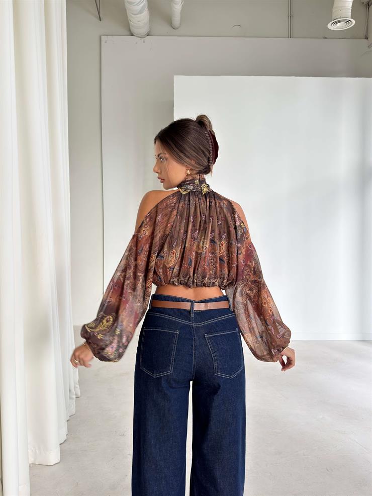 Açık Omuz Detaylı Yüksek Yaka Lendan Kahve Kadın bluz 26K026