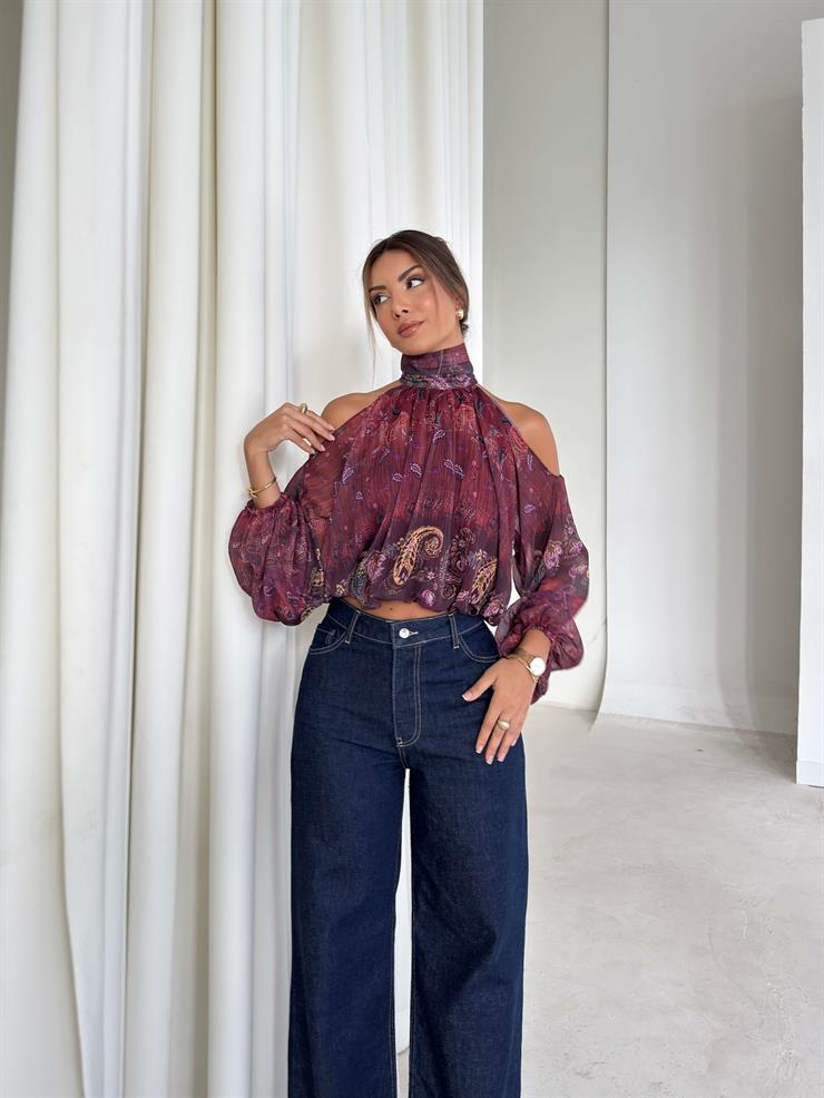 Açok Omuz Detaylı Yüksek Yaka Lendan Bordo Kadın bluz 26K026