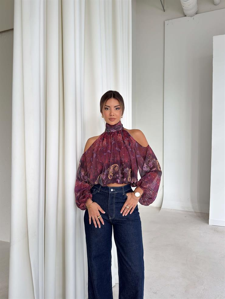 Açok Omuz Detaylı Yüksek Yaka Lendan Bordo Kadın bluz 26K026