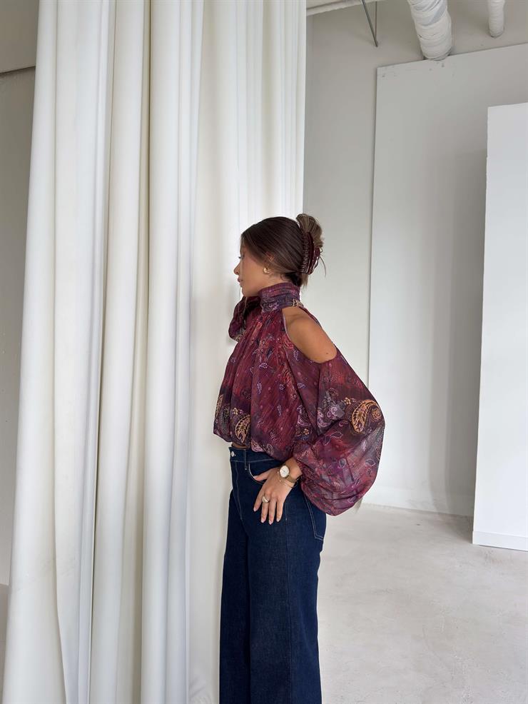 Açok Omuz Detaylı Yüksek Yaka Lendan Bordo Kadın bluz 26K026