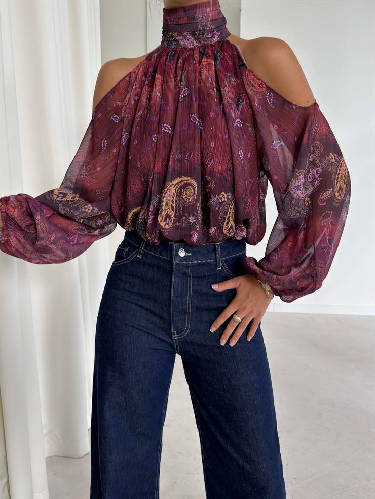 Açok Omuz Detaylı Yüksek Yaka Lendan Bordo Kadın bluz 26K026