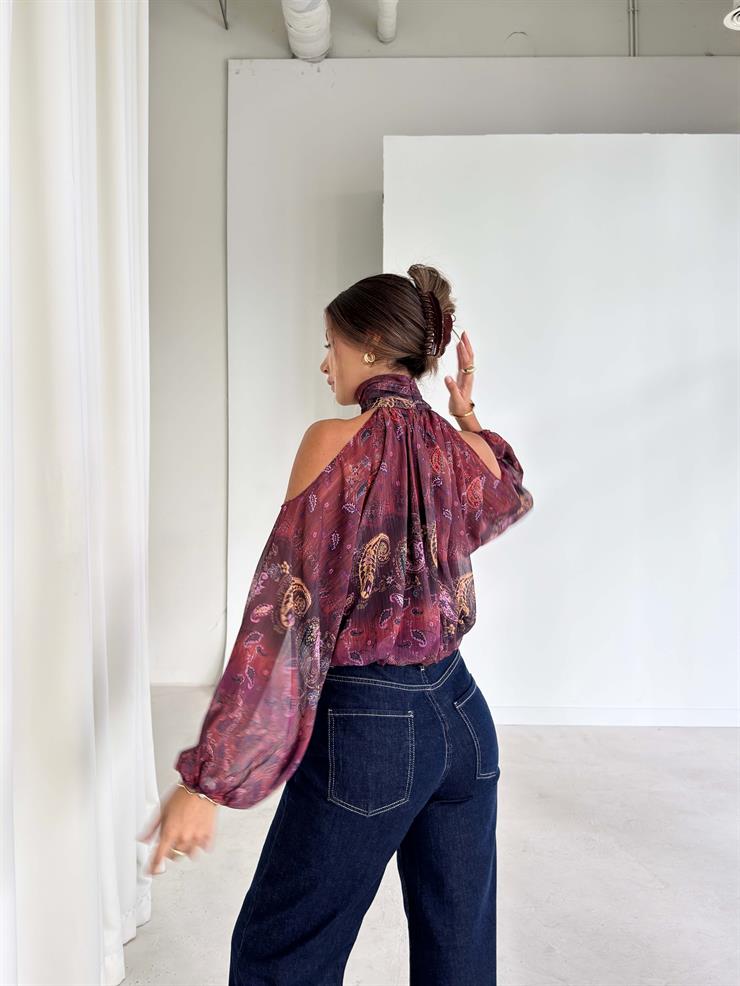 Açok Omuz Detaylı Yüksek Yaka Lendan Bordo Kadın bluz 26K026