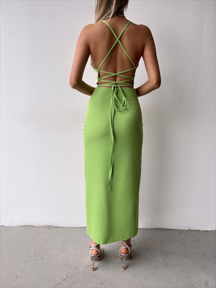 Derin V Yaka Askılı Arkadan Bağlama Detaylı Leni Kadın Yeşil Midi Elbise 23Y000142