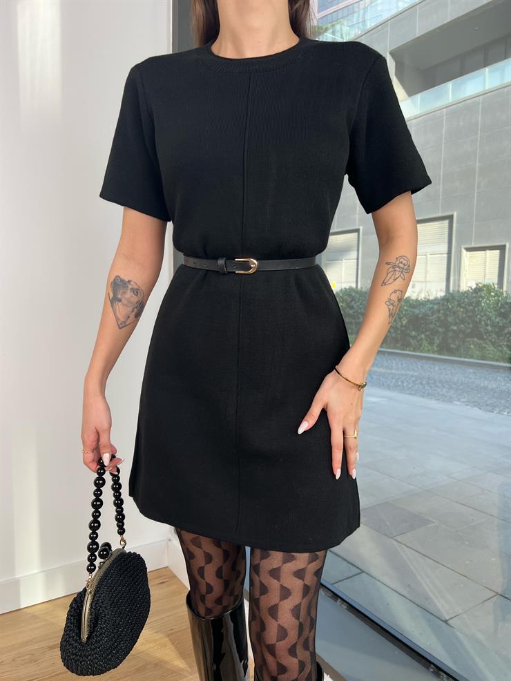 Bisiklet Yaka Kısa Kollu Lenia Kadın Siyah Triko Mini Elbise 24k438