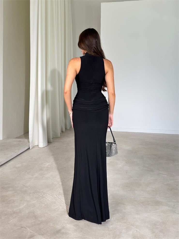 Derin Yırtmaçlı Boğazlı Maxi Boy Siyah Lenir Kadın Elbise 26Y673