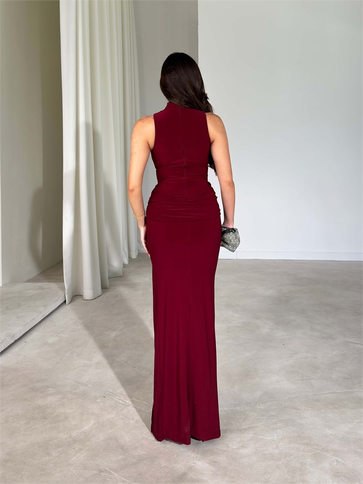 Derin Yırtmaçlı Boğazlı Maxi Boy Mürdüm Lenir Kadın Elbise 26Y673