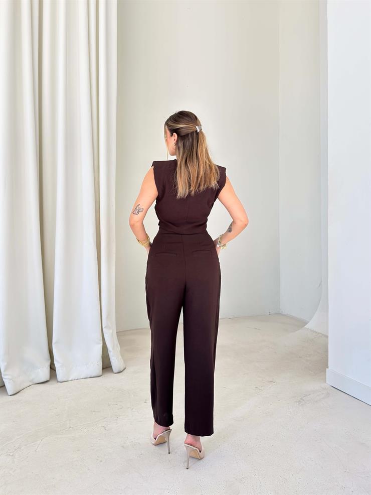 Omzu Vatkalı Drape Detaylı Bluz Havuç Pantolon Lenma Kahve Kadın İkili Takım 26K149