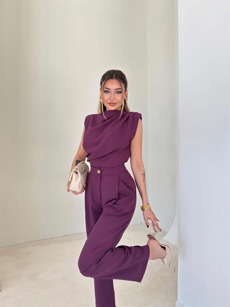 Omzu Vatkalı Drape Detaylı Bluz Havuç Pantolon Lenma Mor Kadın İkili Takım 26K149