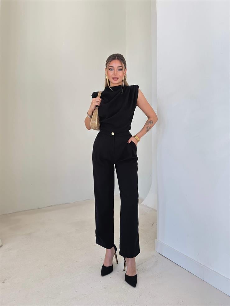 Omzu Vatkalı Drape Detaylı Bluz Havuç Pantolon Lenma Siyah Kadın İkili Takım 26K149