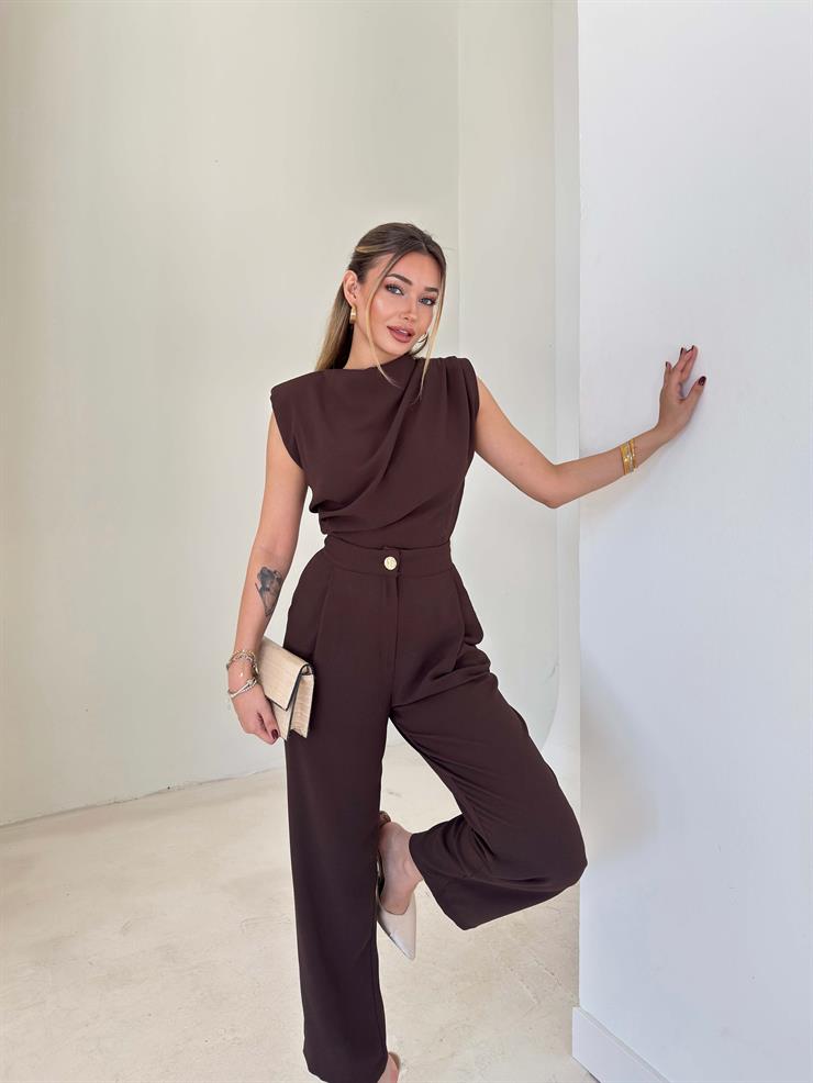 Omzu Vatkalı Drape Detaylı Bluz Havuç Pantolon Lenma Kahve Kadın İkili Takım 26K149