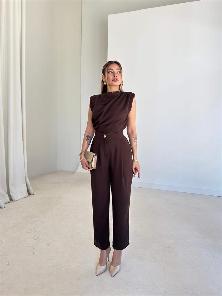 Omzu Vatkalı Drape Detaylı Bluz Havuç Pantolon Lenma Kahve Kadın İkili Takım 26K149