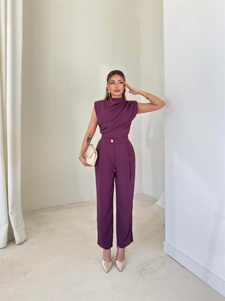 Omzu Vatkalı Drape Detaylı Bluz Havuç Pantolon Lenma Mor Kadın İkili Takım 26K149