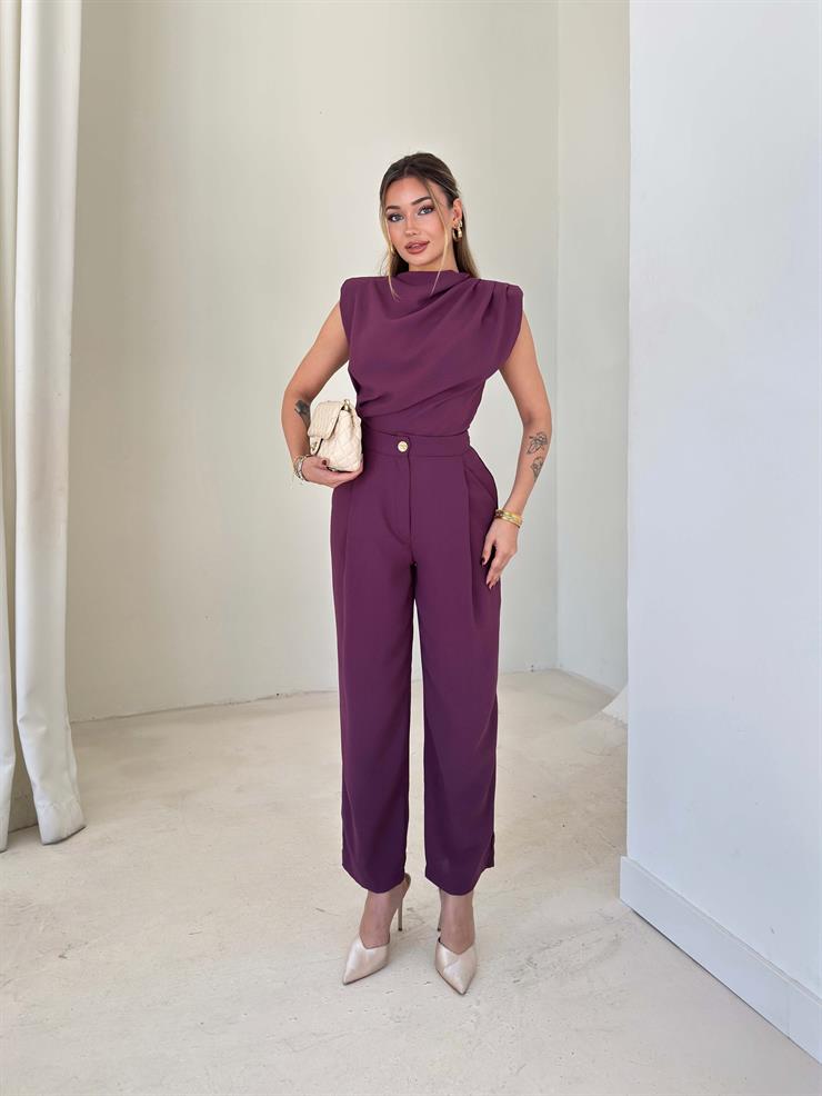 Omzu Vatkalı Drape Detaylı Bluz Havuç Pantolon Lenma Mor Kadın İkili Takım 26K149