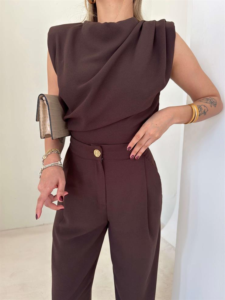 Omzu Vatkalı Drape Detaylı Bluz Havuç Pantolon Lenma Kahve Kadın İkili Takım 26K149