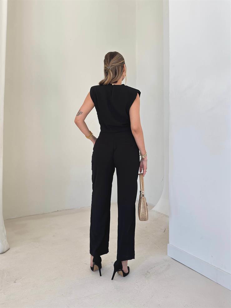 Omzu Vatkalı Drape Detaylı Bluz Havuç Pantolon Lenma Siyah Kadın İkili Takım 26K149