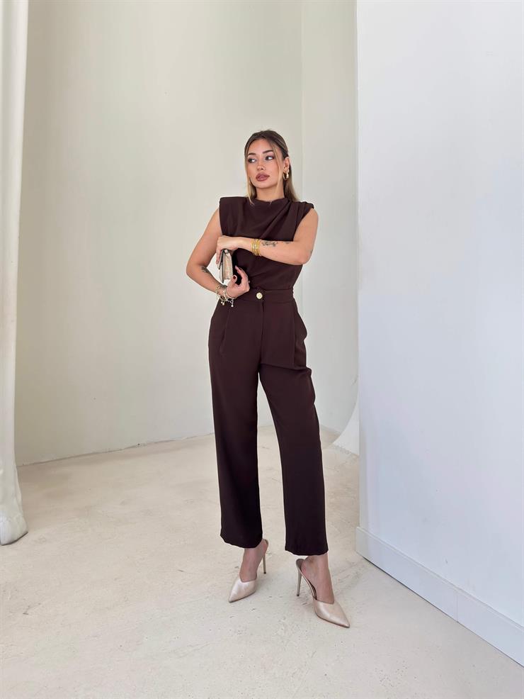 Omzu Vatkalı Drape Detaylı Bluz Havuç Pantolon Lenma Kahve Kadın İkili Takım 26K149
