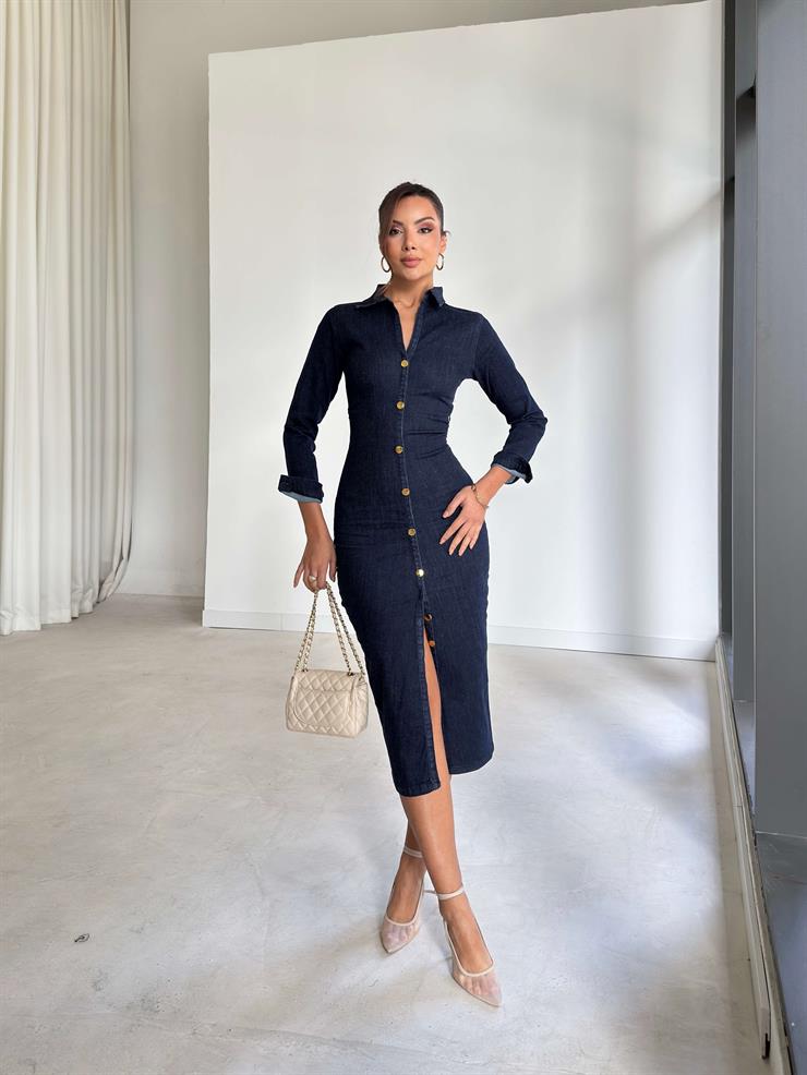 Düğme Detaylı Drapeli Lenmera Lacivert Kadın Elbise 26K262