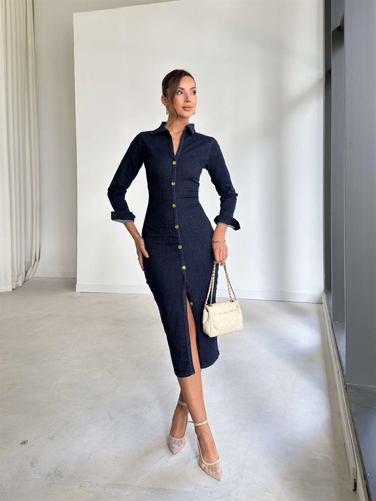 Düğme Detaylı Drapeli Lenmera Lacivert Kadın Elbise 26K262