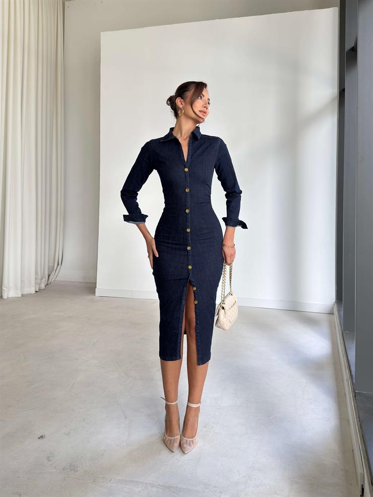 Düğme Detaylı Drapeli Lenmera Lacivert Kadın Elbise 26K262