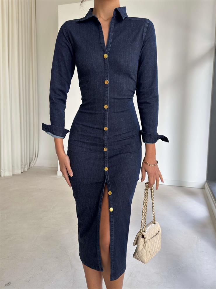 Düğme Detaylı Drapeli Lenmera Lacivert Kadın Elbise 26K262