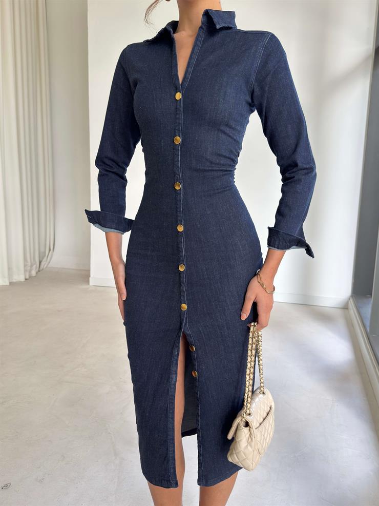 Düğme Detaylı Drapeli Lenmera Lacivert Kadın Elbise 26K262