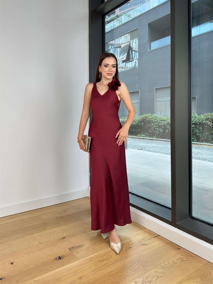 Gül detaylı Askılı V yaka Lenny Bordo Kadın  Elbise 25Y539