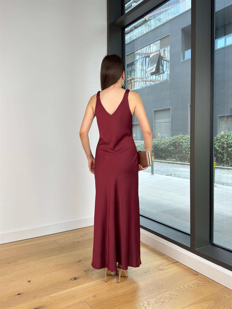 Gül detaylı Askılı V yaka Lenny Bordo Kadın  Elbise 25Y539