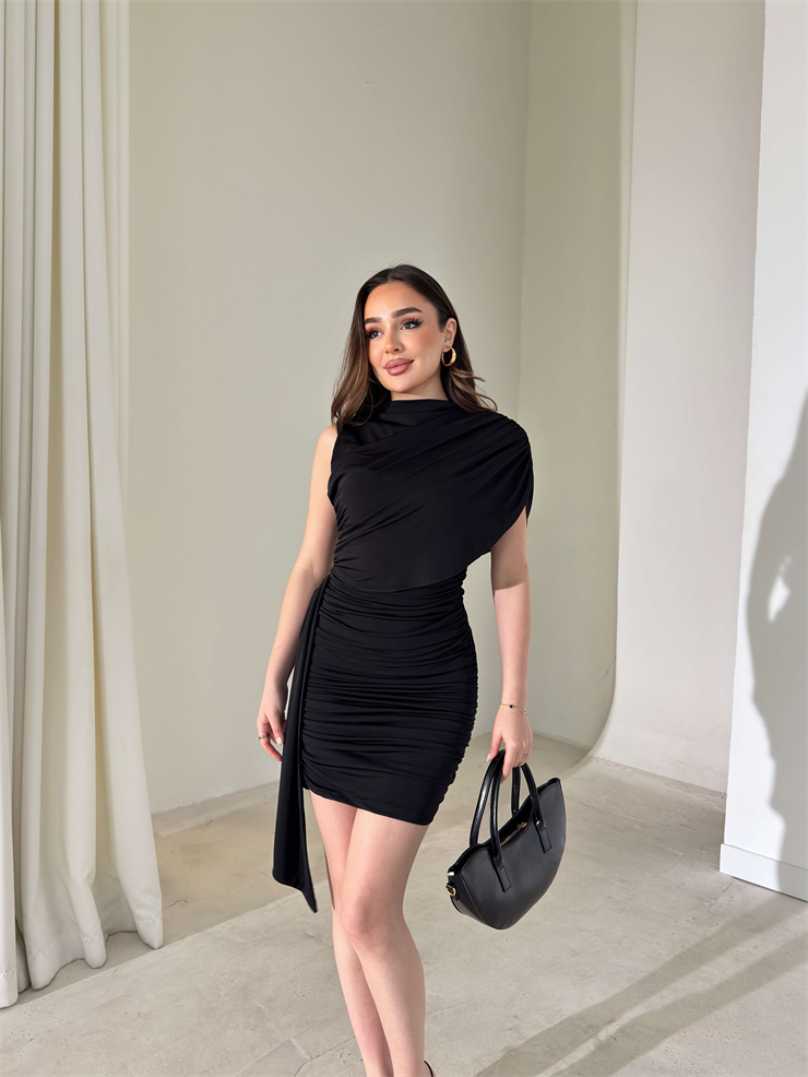 Drapeli Şal Detaylı Lenrom Siyah Kadın Elbise 26Y011